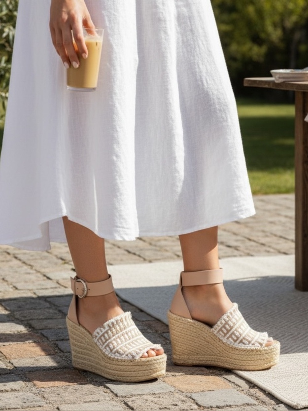 MARC FISHER “Andrew” Espadrilles Woven Wedge Platform Sandals in Tan White SZ 9M